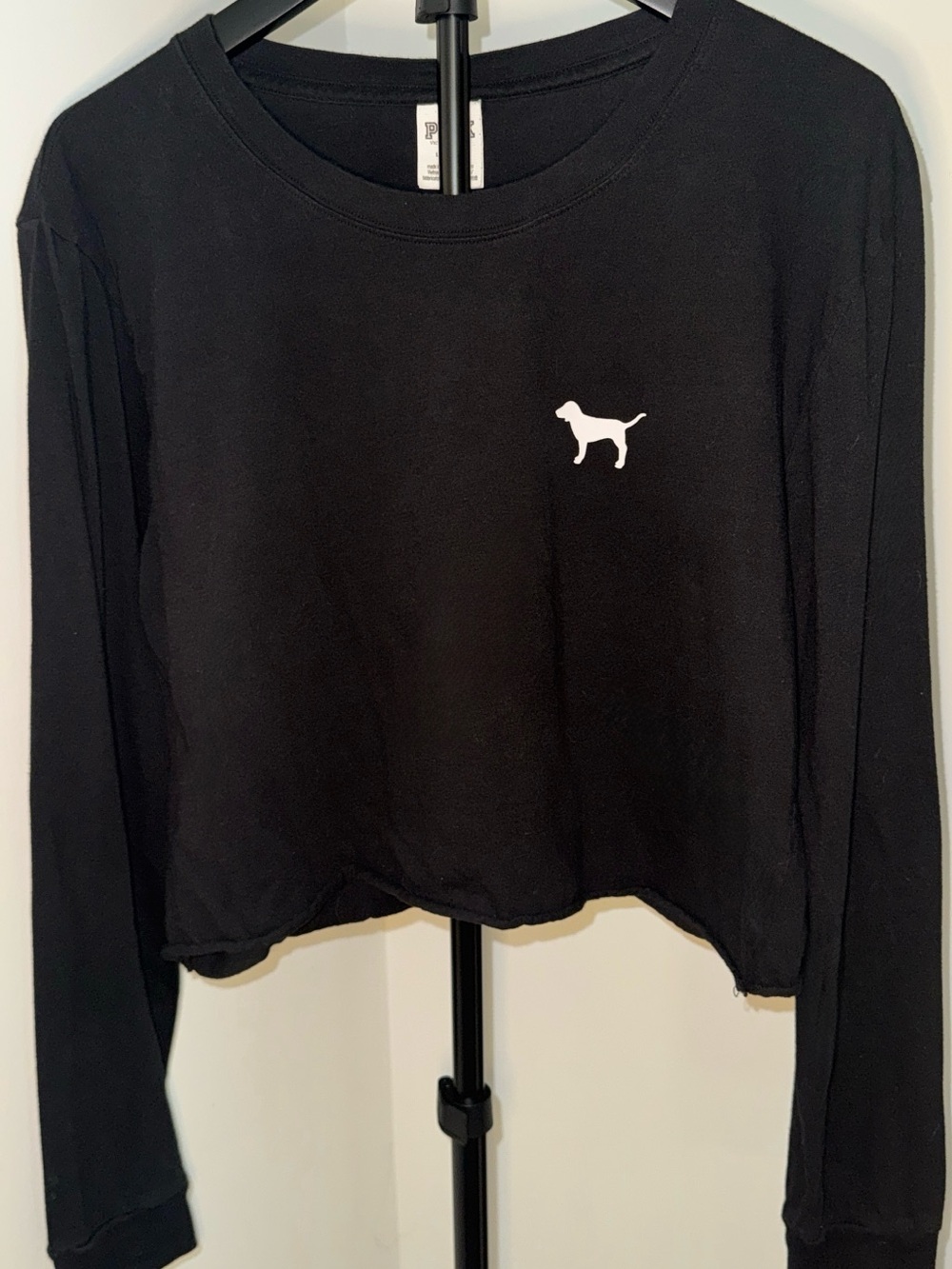 PINK Victoria's Secret Black Cropped Long Sleeve Top with White Dog Logo